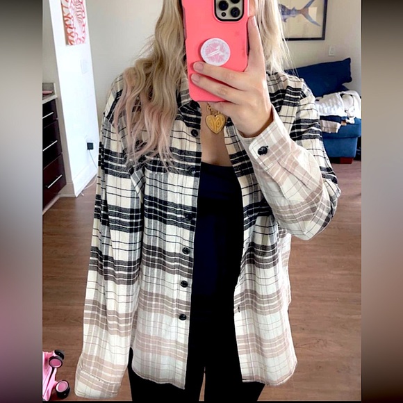 BiBi Plaid Buttoned Collared Top with Sweater Sleeve